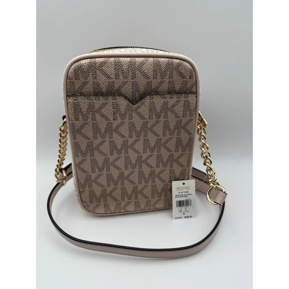 Michael‎ Kors Jet Set Travel Crossbody Women NS Rose Gold Multi Chain Monogram